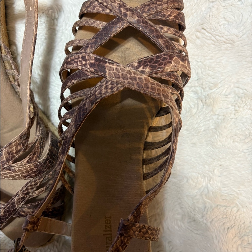 Naturalizer strappy snakeskin pattern sandals.